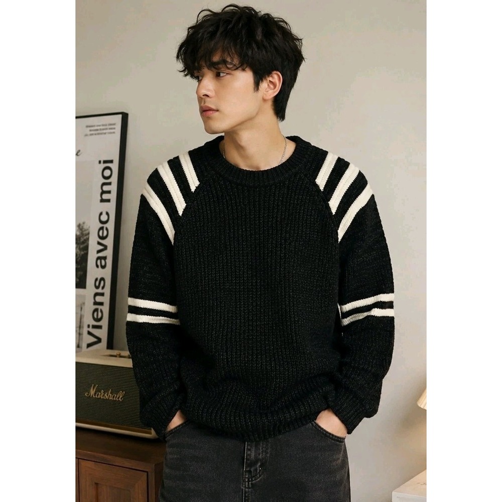 YOKI Men's Chunky Knit Sweater Varsity Stripe Cozy Academia Grunge 2XL Street